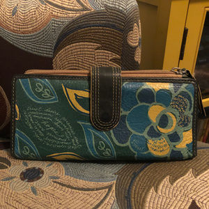 Leather Fossil Wallet - Blue green yellow flowers